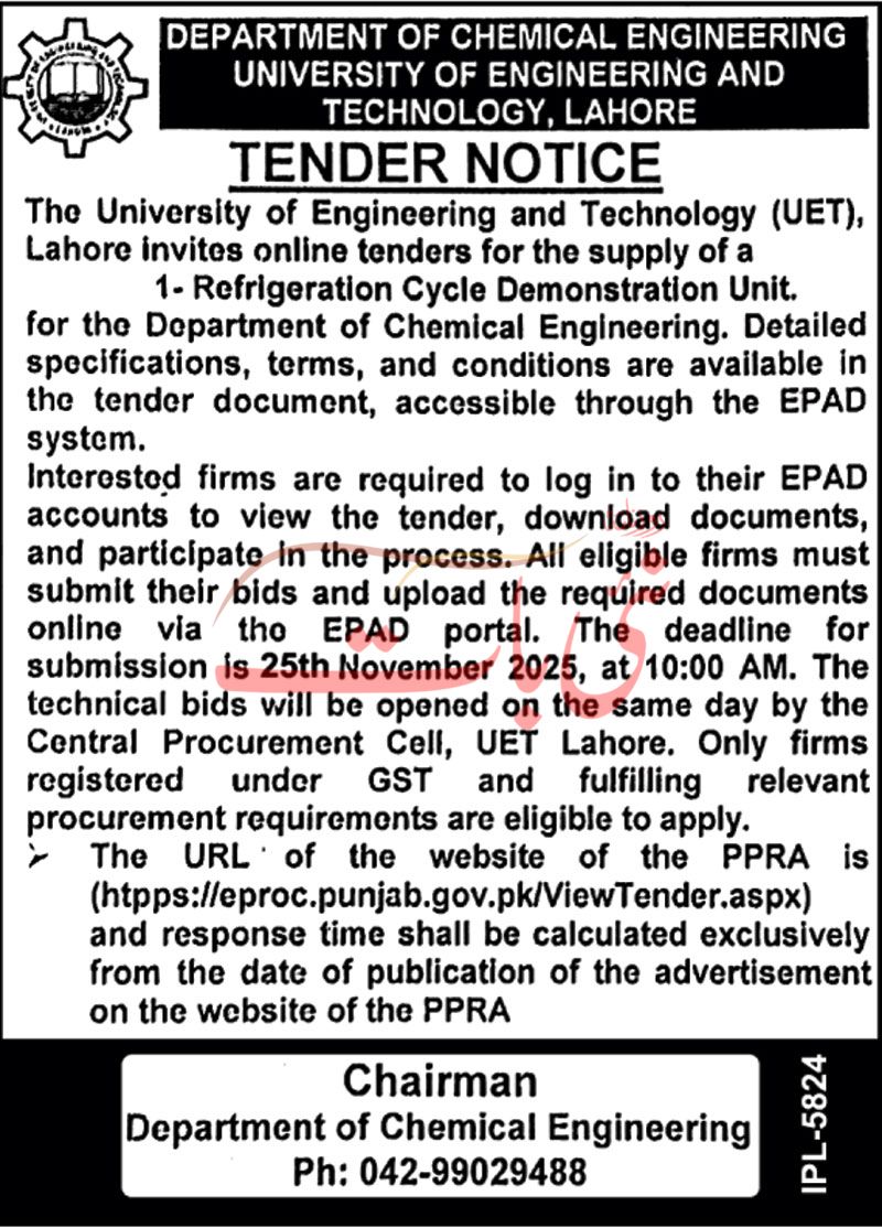 University of Engineering & Technology Lahore Tender Notice